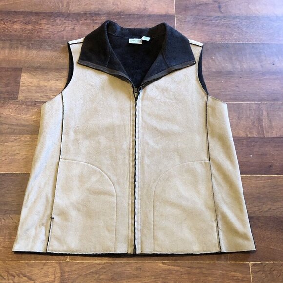 Chico's Size 1 M 8-10 Brown Faux Leather Zip Front Sherpa Lined Vest - Picture 1 of 4